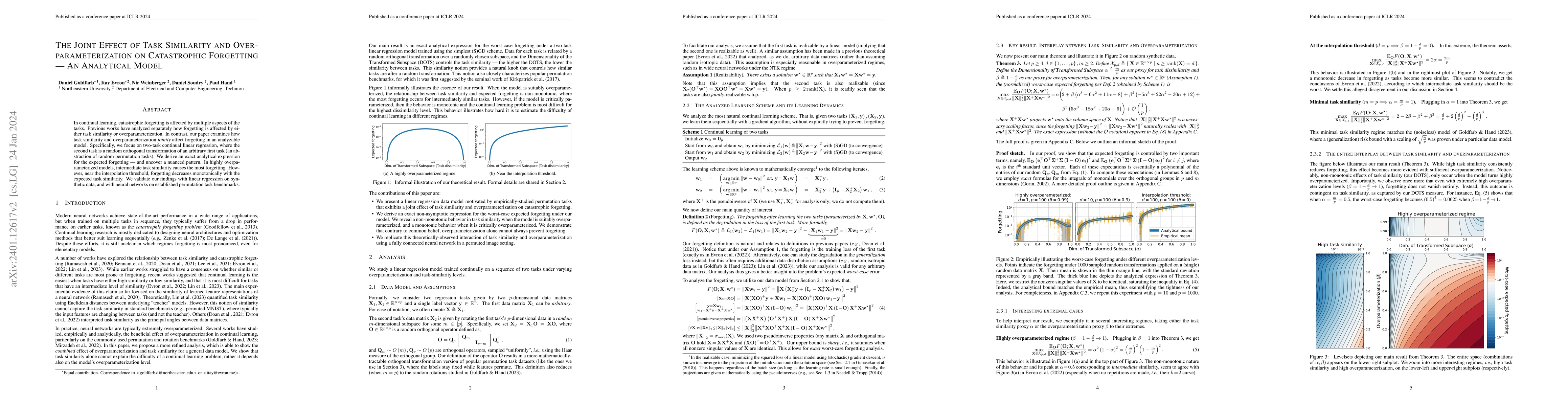 Thumbnail for The Joint Effect of Task Similarity and Overparameterization on
  Catastrophic Forgetting -- An Analytical Model