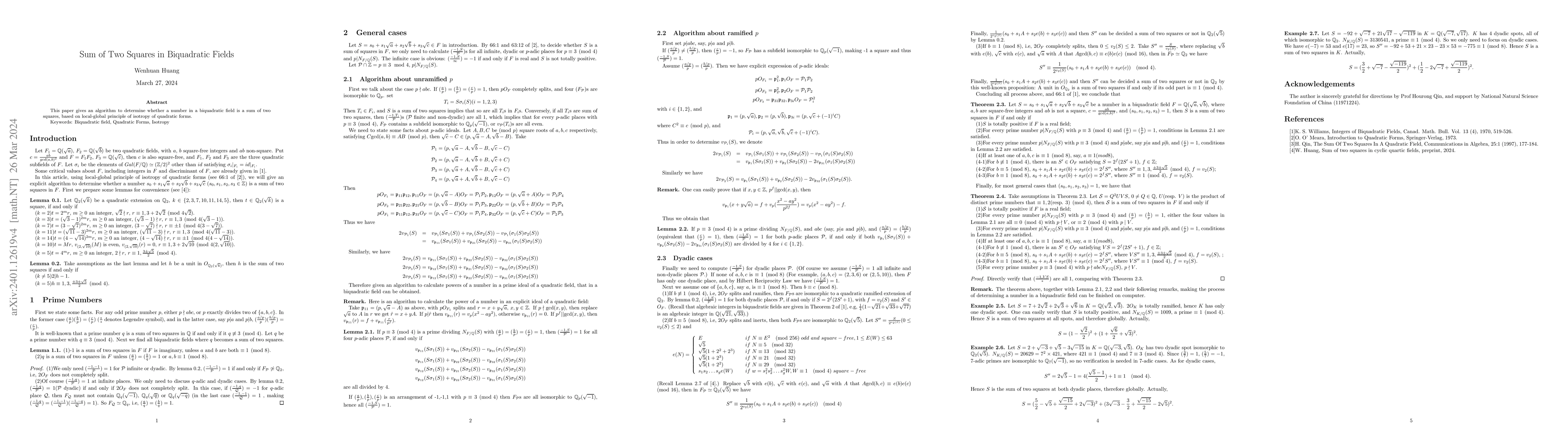 Thumbnail for Sum of two squares in biquadratic fields