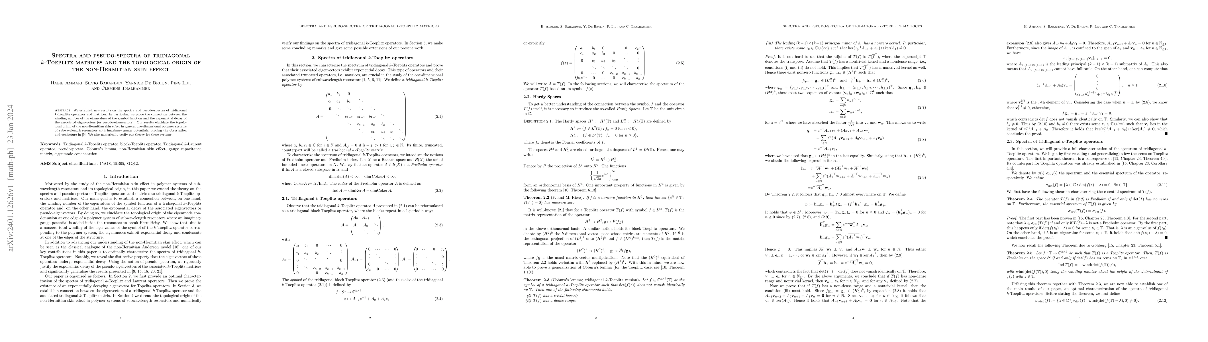 Thumbnail for Spectra and pseudo-spectra of tridiagonal $k$-Toeplitz matrices and the
  topological origin of the non-Hermitian skin effect
