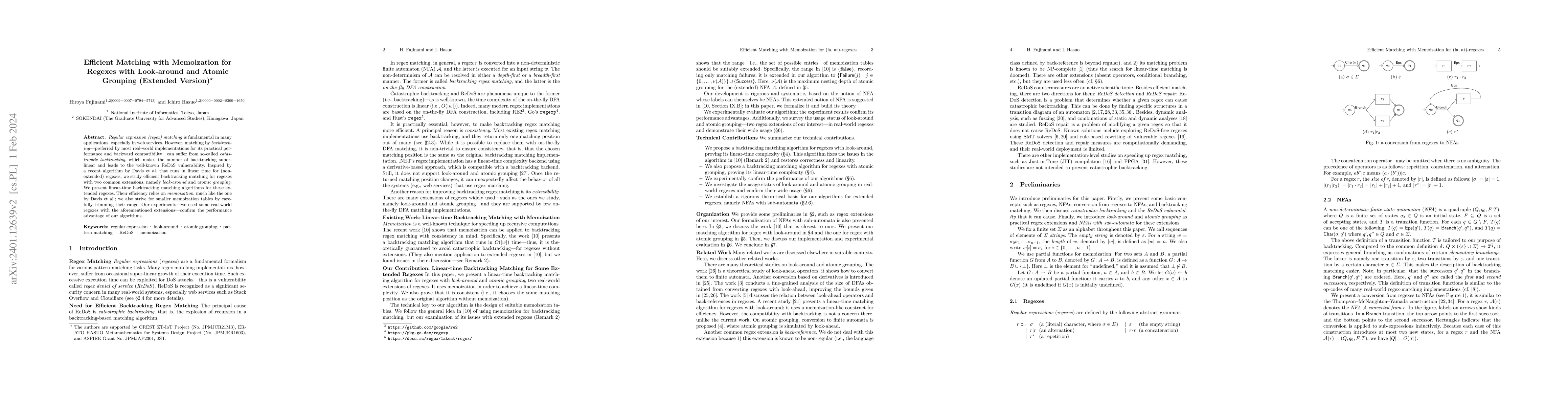 Thumbnail for Efficient Matching with Memoization for Regexes with Look-around and
  Atomic Grouping (Extended Version)