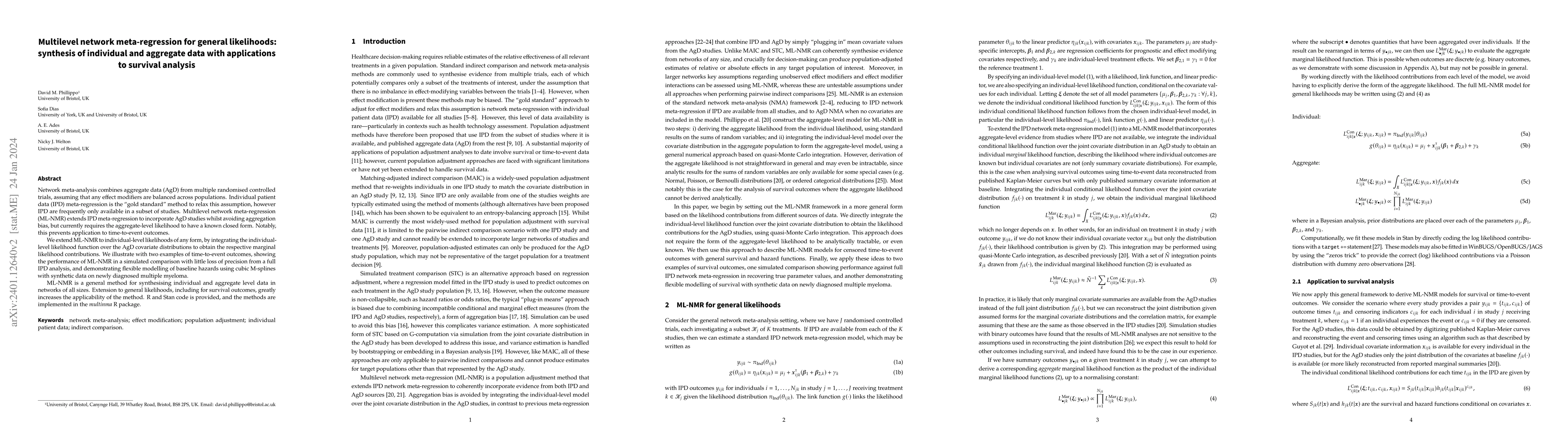 Thumbnail for Multilevel network meta-regression for general likelihoods: synthesis of
  individual and aggregate data with applications to survival analysis