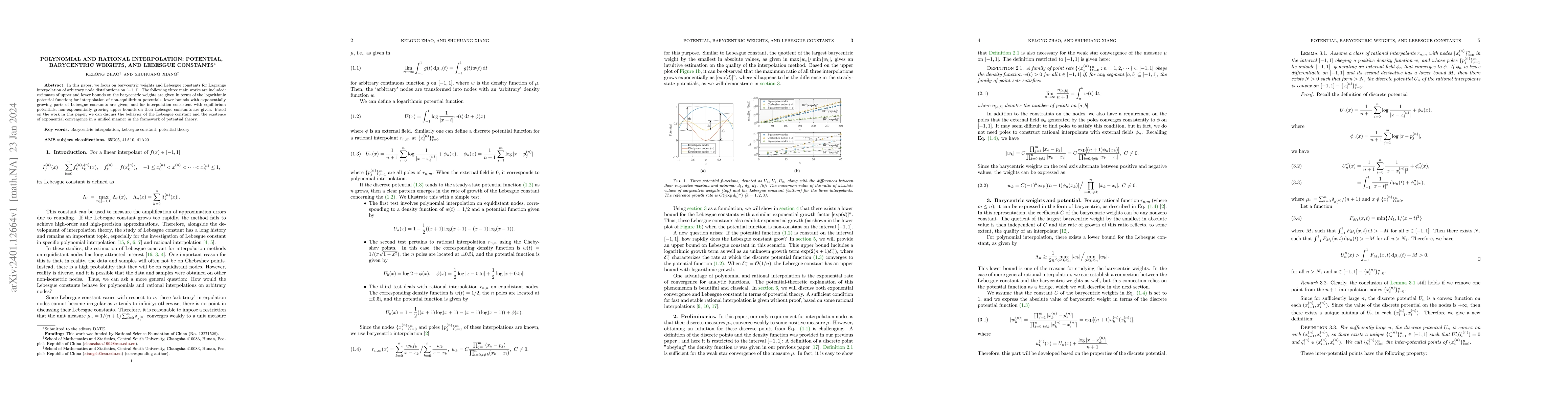 Thumbnail for Polynomial and rational interpolation: potential, barycentric weights,
  and Lebesgue constants