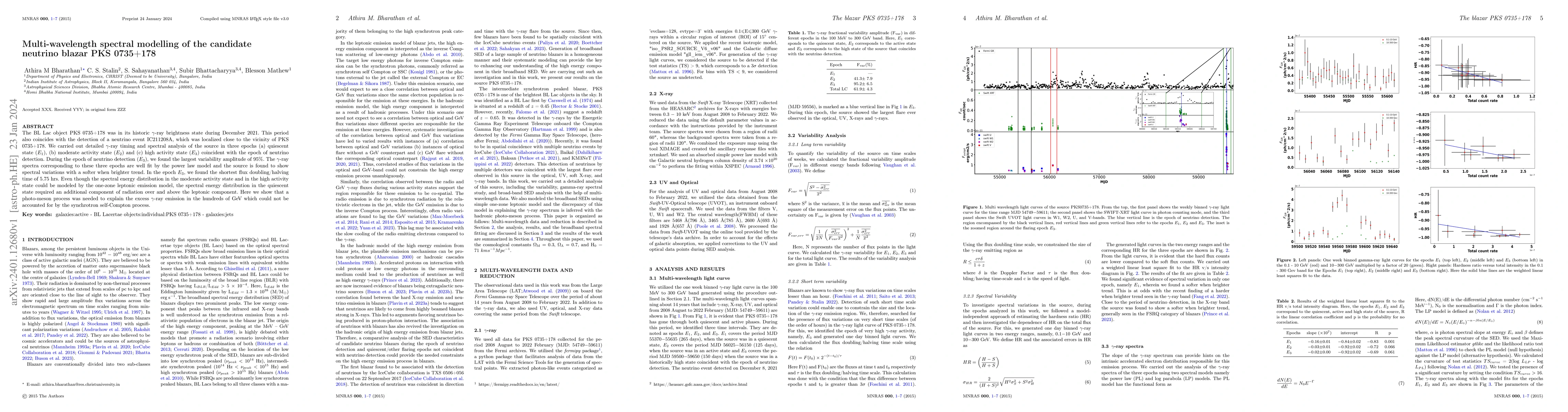 Thumbnail for Multi-wavelength spectral modelling of the candidate neutrino blazar PKS
  0735+178