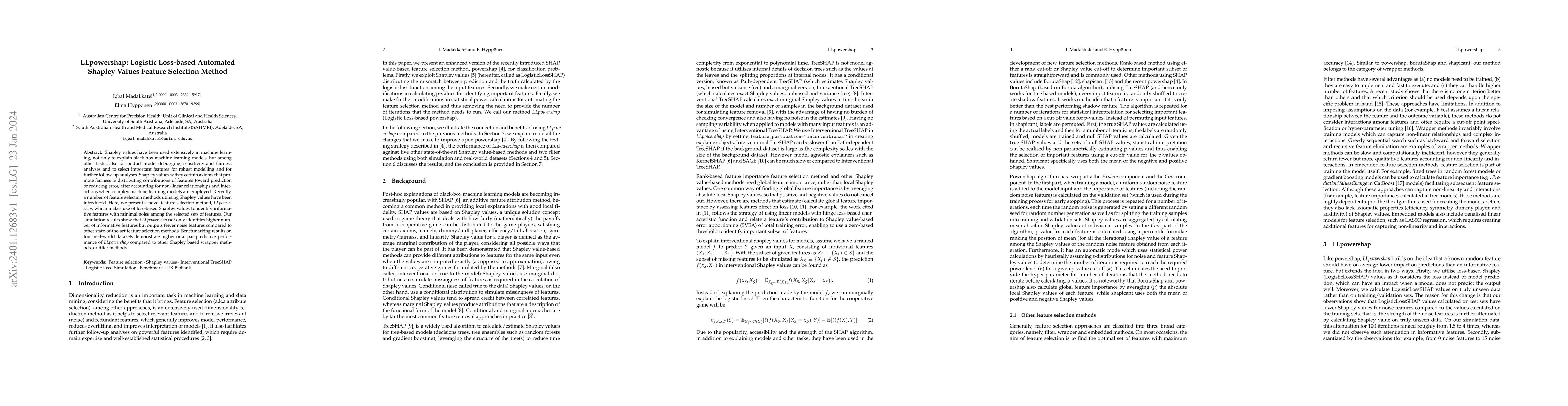 Thumbnail for LLpowershap: Logistic Loss-based Automated Shapley Values Feature
  Selection Method
