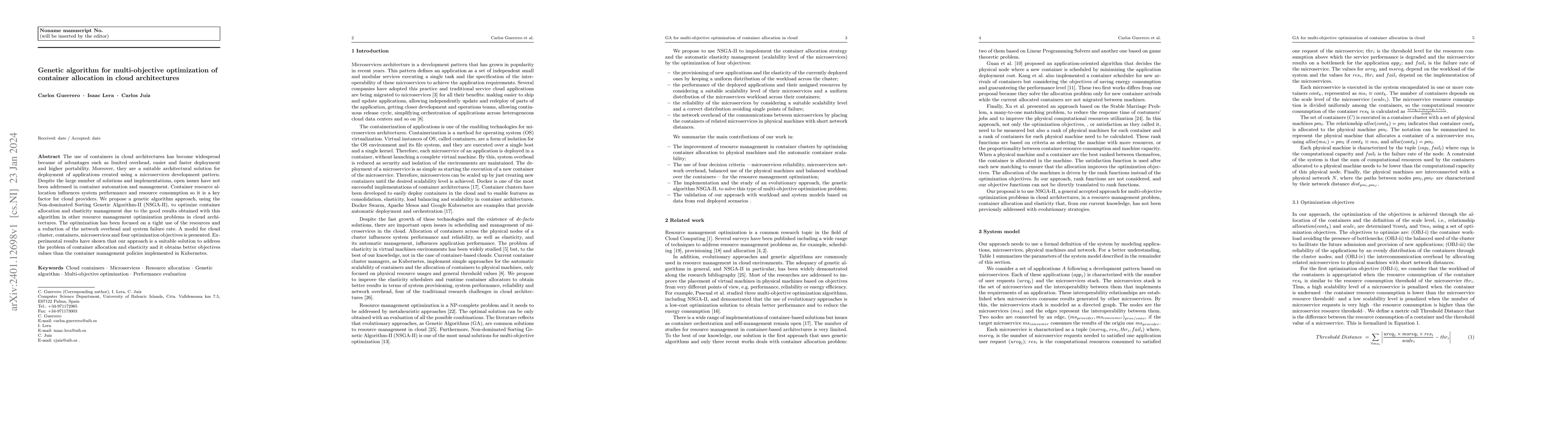 Thumbnail for Genetic Algorithm for Multi-Objective Optimization of Container
  Allocation in Cloud Architecture