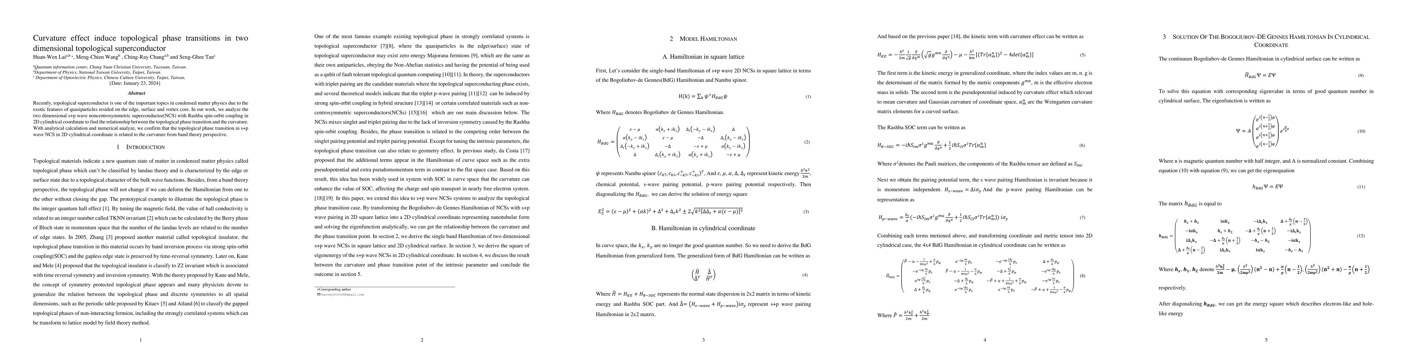 Thumbnail for Curvature effect induce topological phase transitions in two dimensional
  topological superconductor