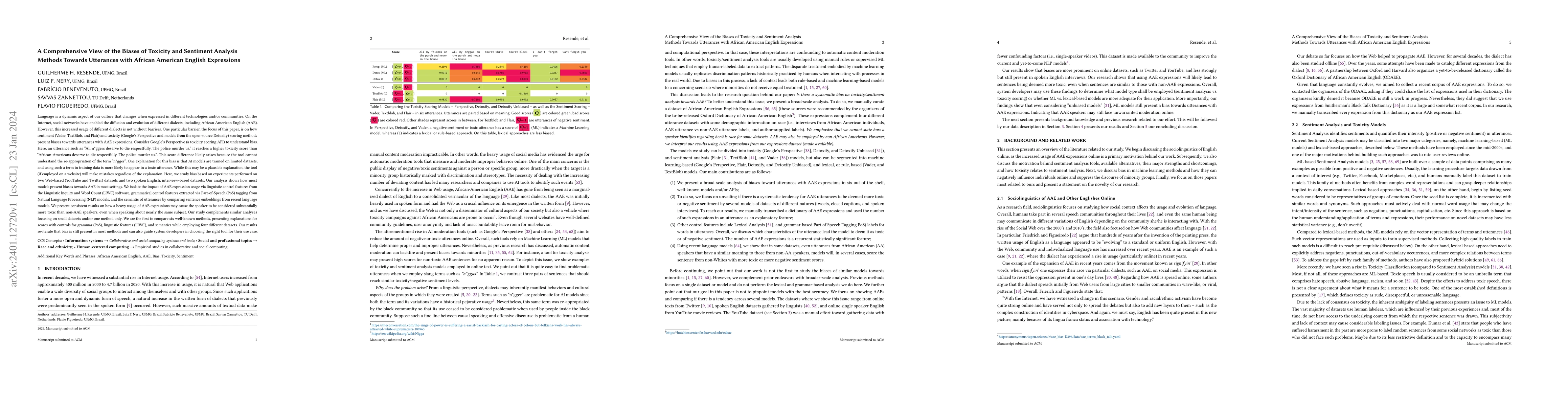 Thumbnail for A Comprehensive View of the Biases of Toxicity and Sentiment Analysis
  Methods Towards Utterances with African American English Expressions