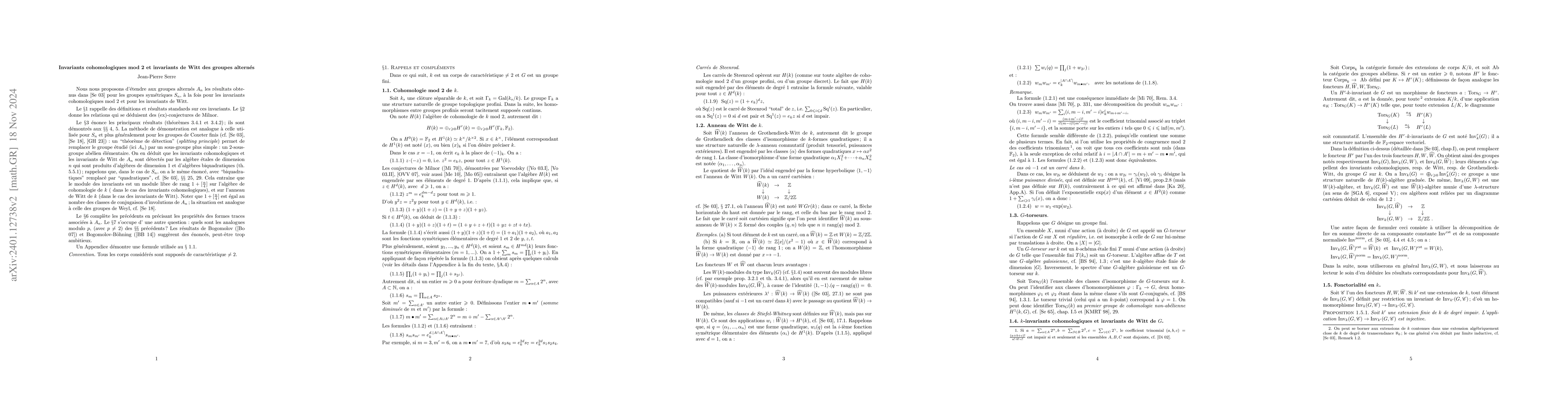 Thumbnail for Invariants cohomologiques mod 2 et invariants de Witt des groupes
  altern\'es