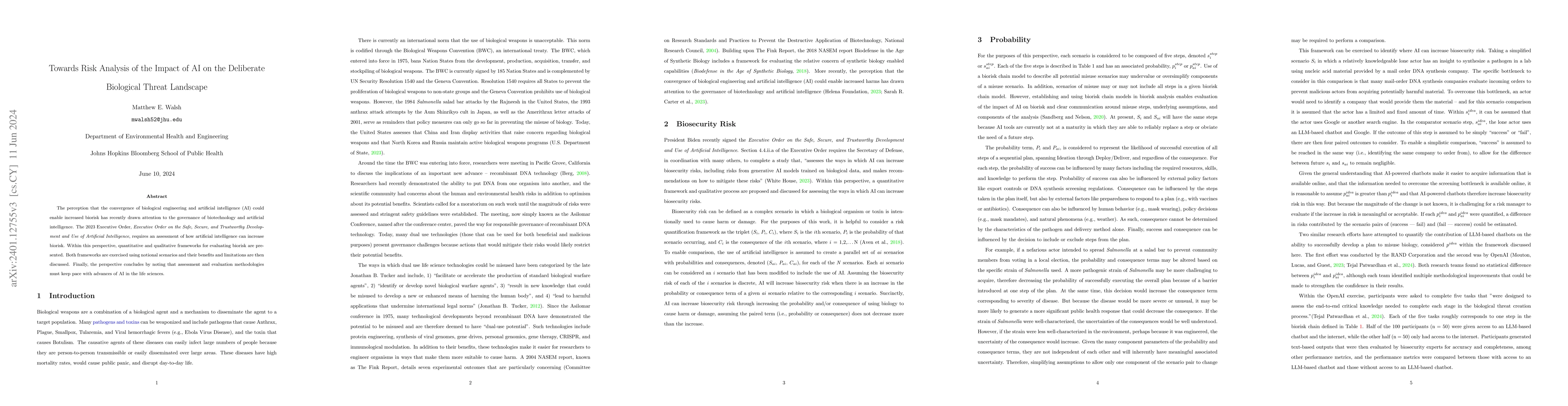 Thumbnail for Towards Risk Analysis of the Impact of AI on the Deliberate Biological
  Threat Landscape