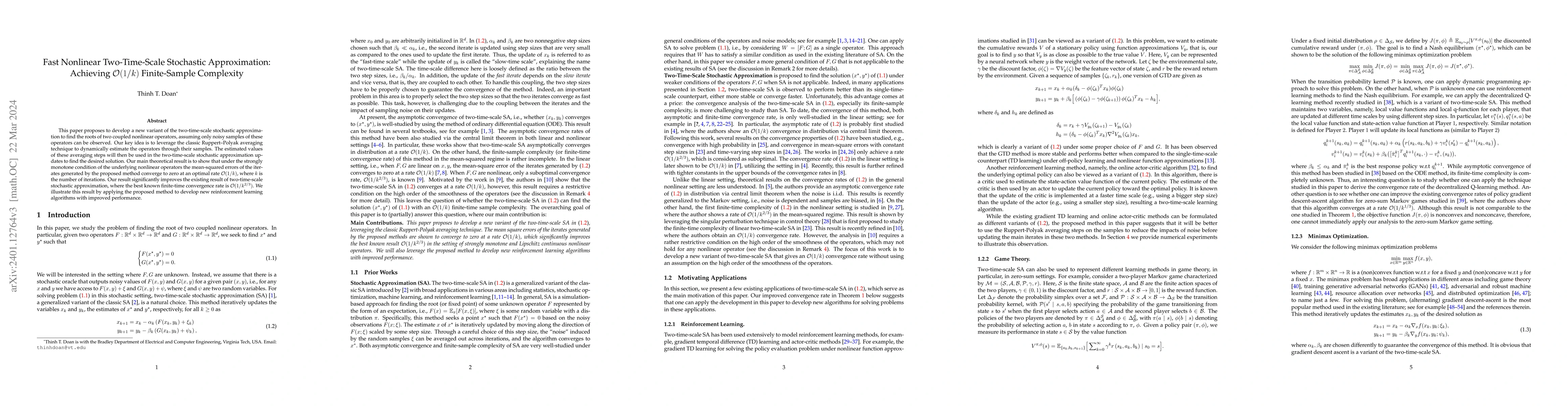 Thumbnail for Fast Nonlinear Two-Time-Scale Stochastic Approximation: Achieving
  $O(1/k)$ Finite-Sample Complexity