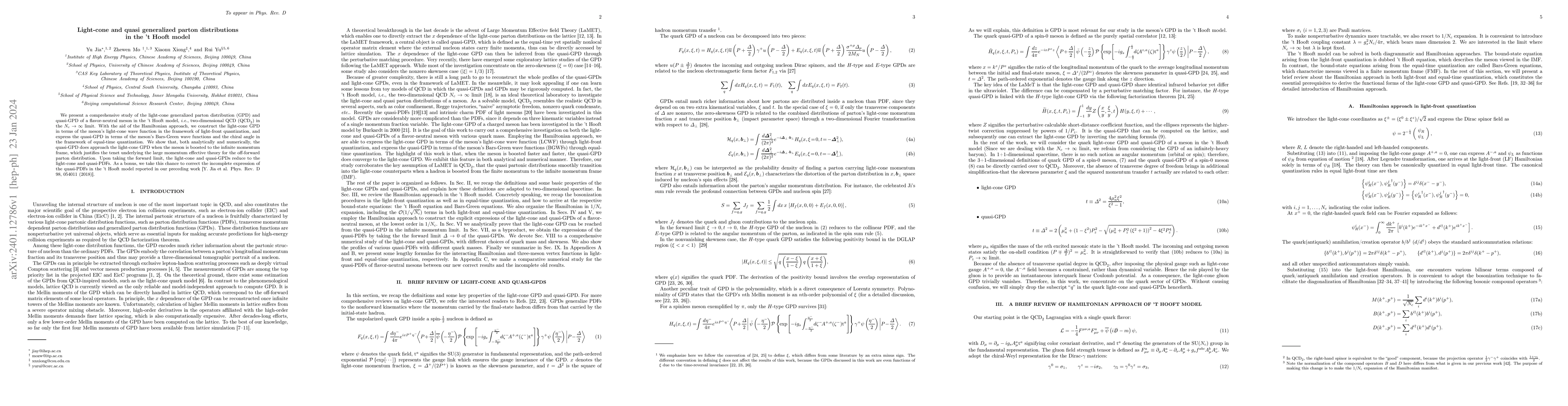 Thumbnail for Light-cone and quasi generalized parton distributions in the 't Hooft
  model