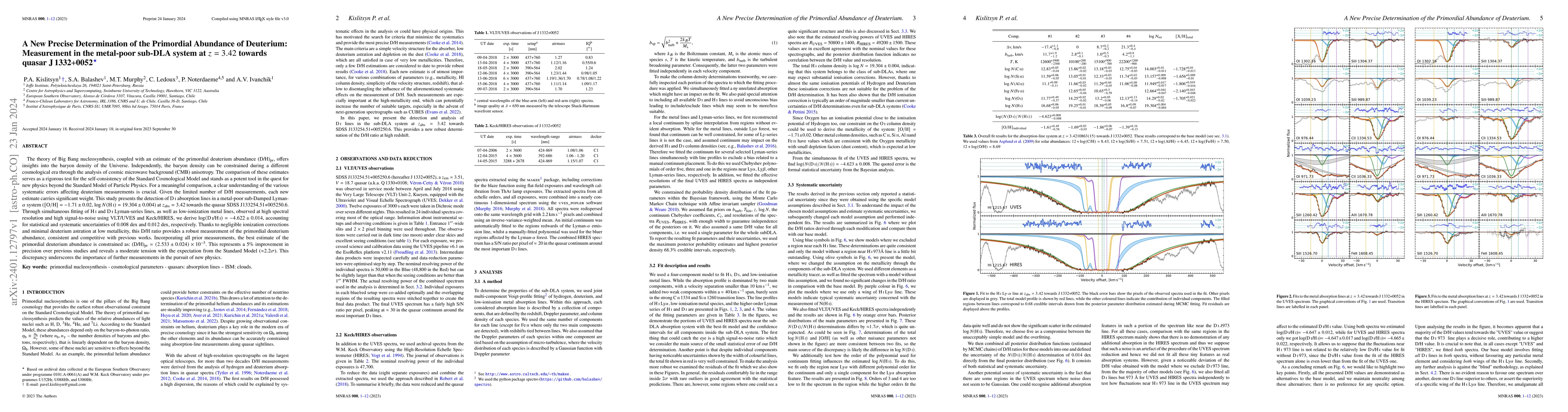 Thumbnail for A New Precise Determination of the Primordial Abundance of Deuterium:
  Measurement in the metal-poor sub-DLA system at z=3.42 towards quasar
  J1332+0052