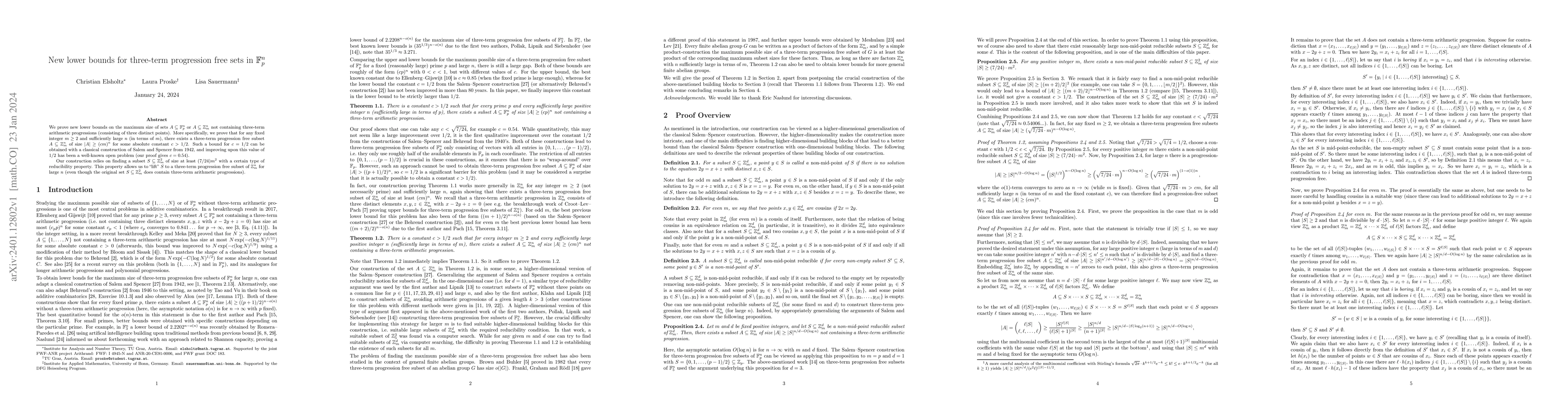 Thumbnail for New lower bounds for three-term progression free sets in
  $\mathbb{F}_p^n$