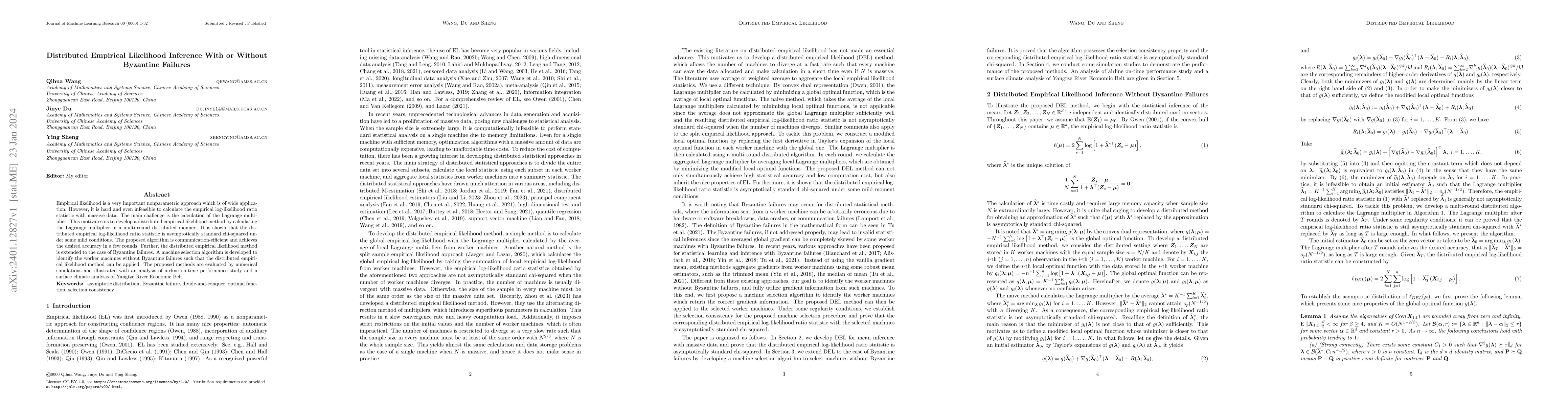 Thumbnail for Distributed Empirical Likelihood Inference With or Without Byzantine
  Failures