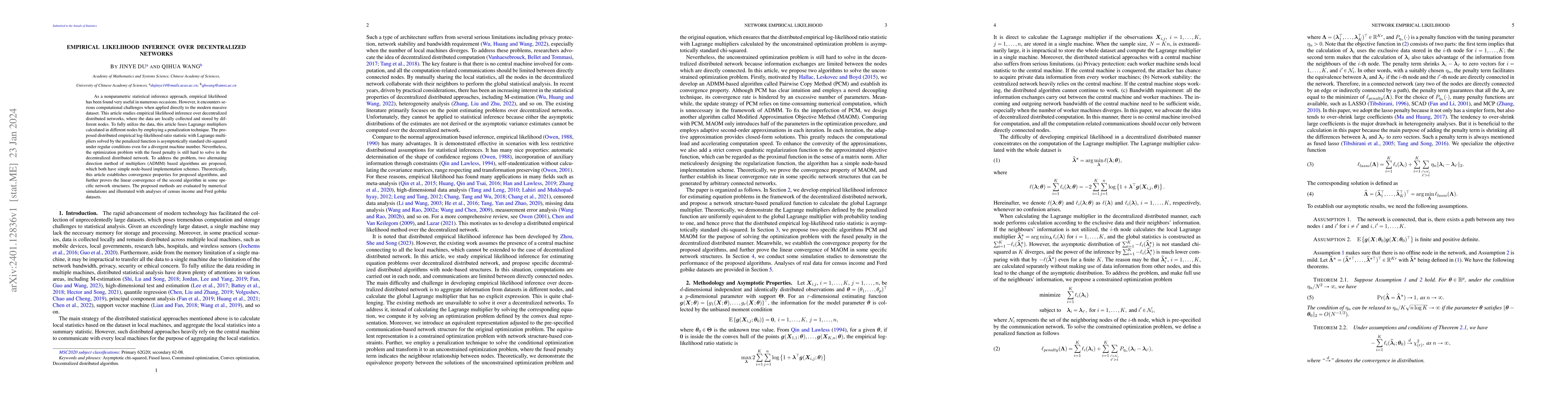 Thumbnail for Empirical Likelihood Inference over Decentralized Networks