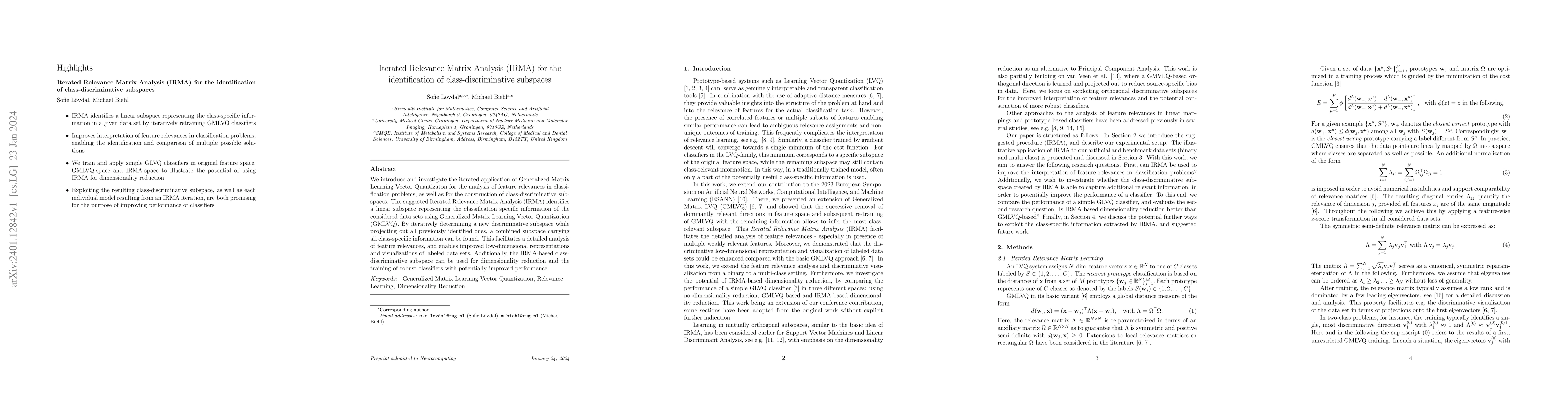 Thumbnail for Iterated Relevance Matrix Analysis (IRMA) for the identification of
  class-discriminative subspaces