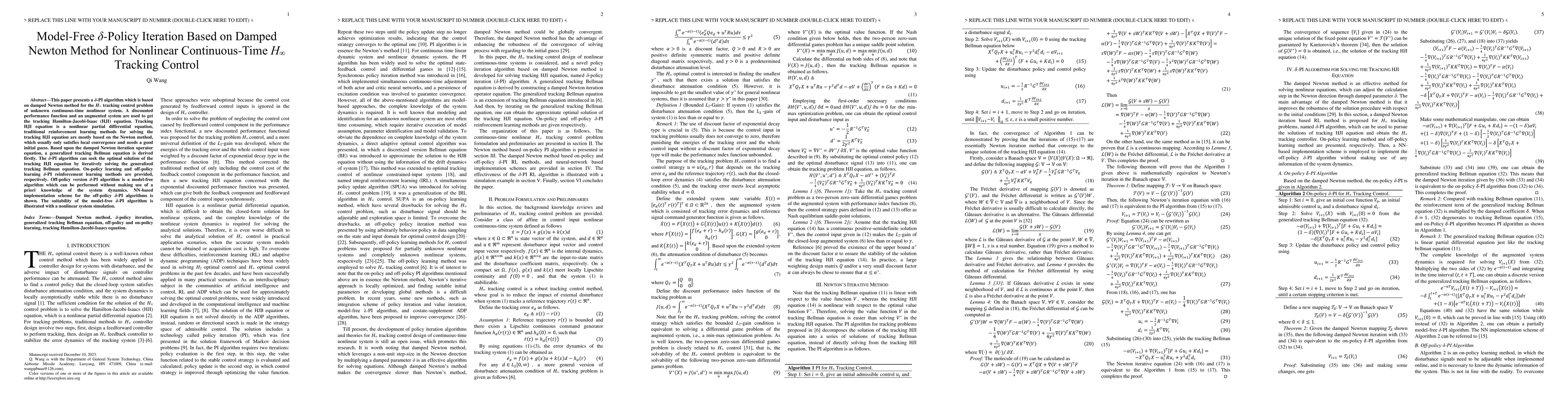 Thumbnail for Model-Free $\delta$-Policy Iteration Based on Damped Newton Method for
  Nonlinear Continuous-Time H$\infty$ Tracking Control