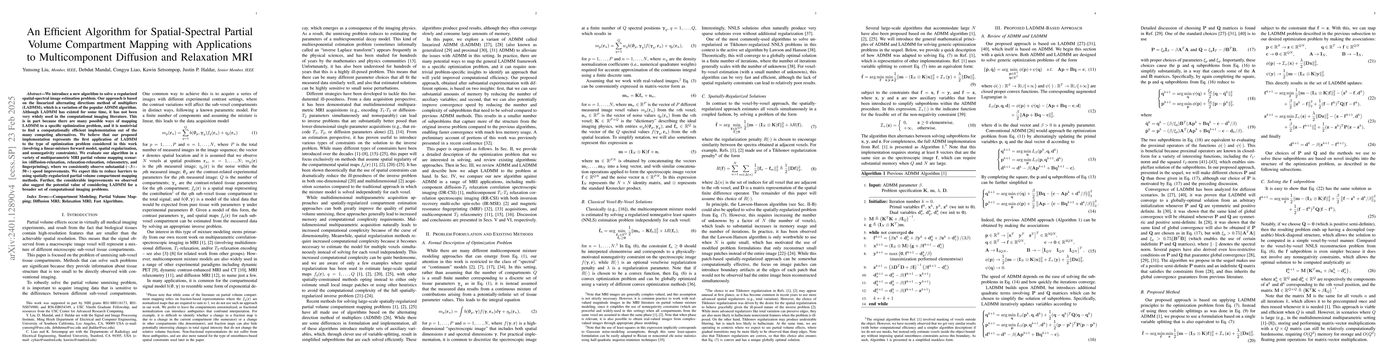 Thumbnail for An Efficient Algorithm for Spatial-Spectral Partial Volume Compartment
  Mapping with Applications to Multicomponent Diffusion and Relaxation MRI