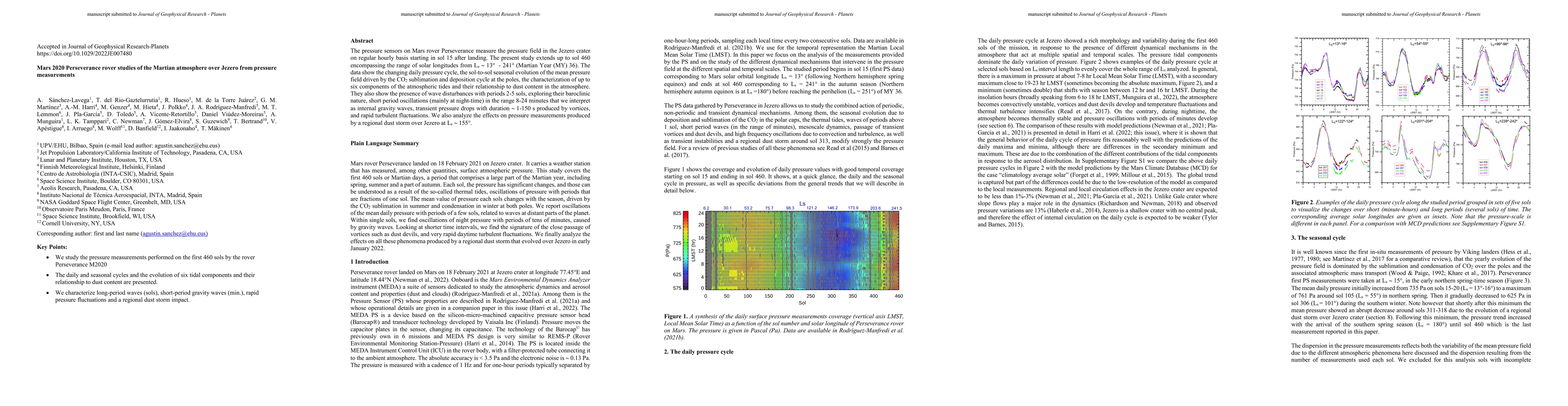 Thumbnail for Mars 2020 Perseverance rover studies of the Martian atmosphere over
  Jezero from pressure measurements