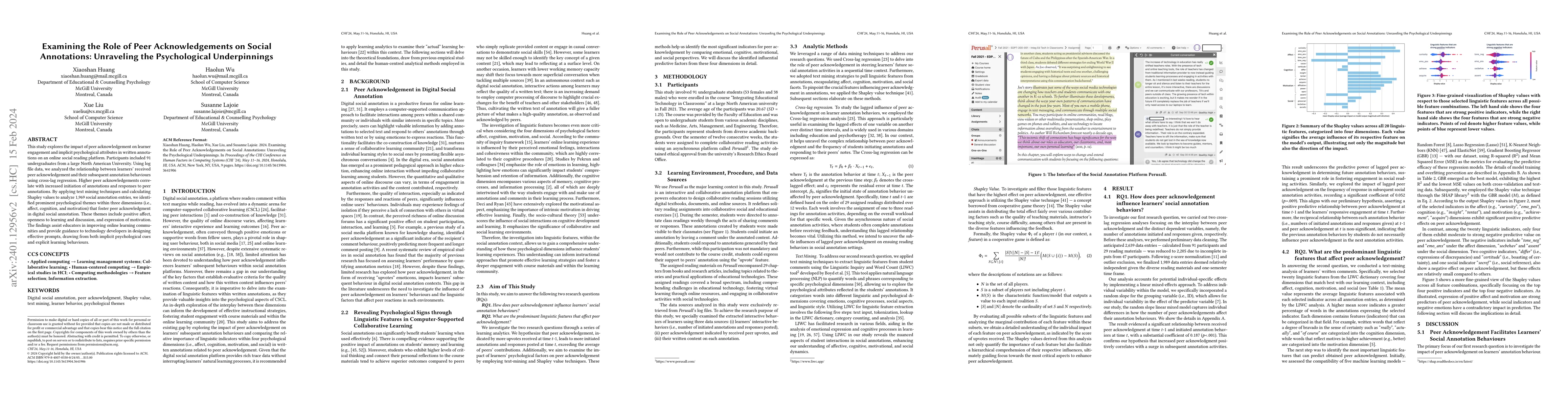 Thumbnail for Examining the Role of Peer Acknowledgements on Social Annotations:
  Unraveling the Psychological Underpinnings