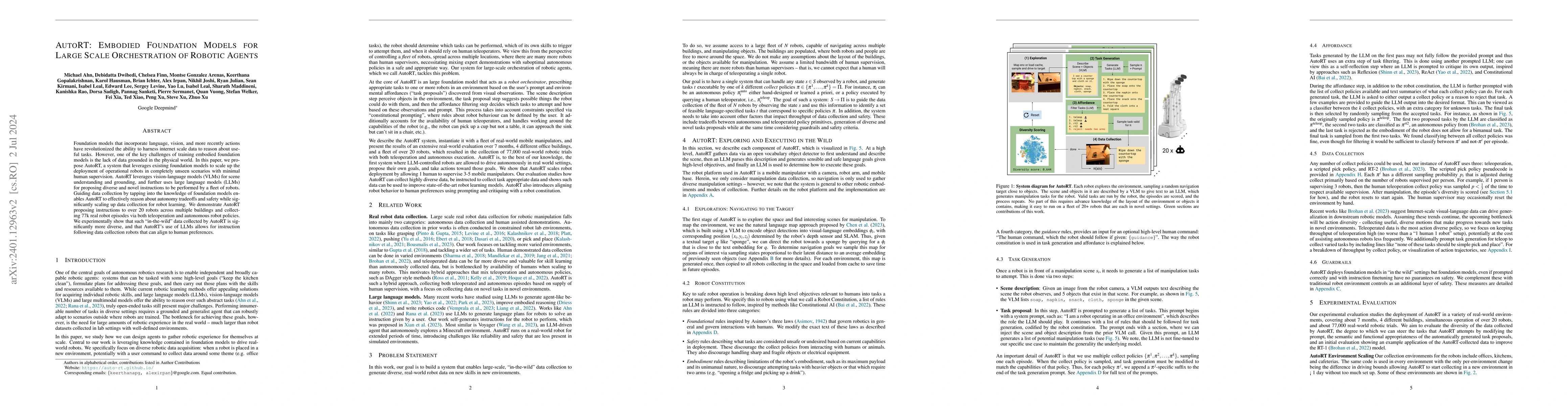 Thumbnail for AutoRT: Embodied Foundation Models for Large Scale Orchestration of
  Robotic Agents