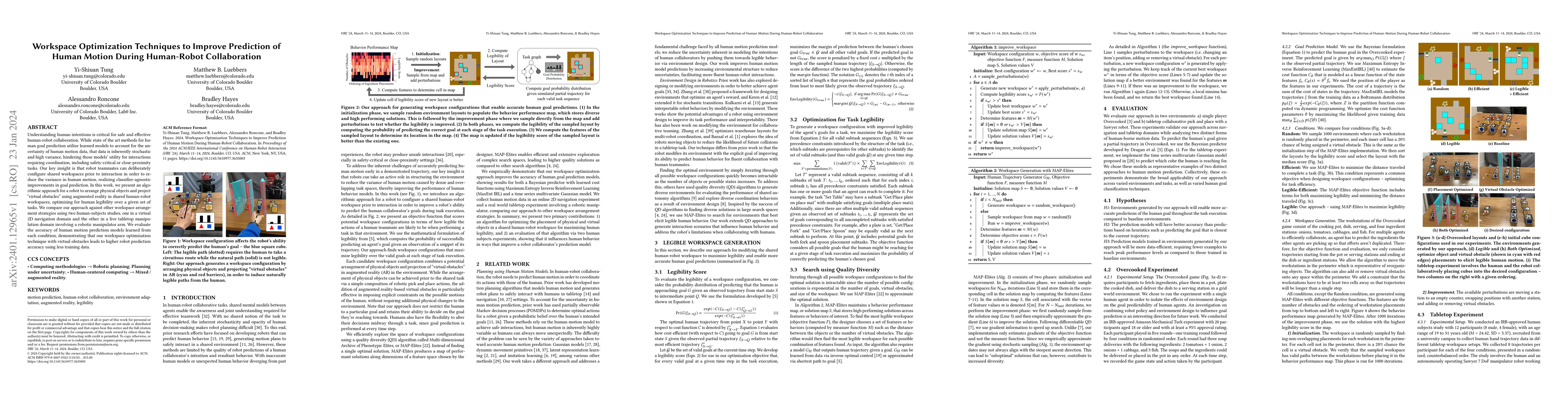 Thumbnail for Workspace Optimization Techniques to Improve Prediction of Human Motion
  During Human-Robot Collaboration