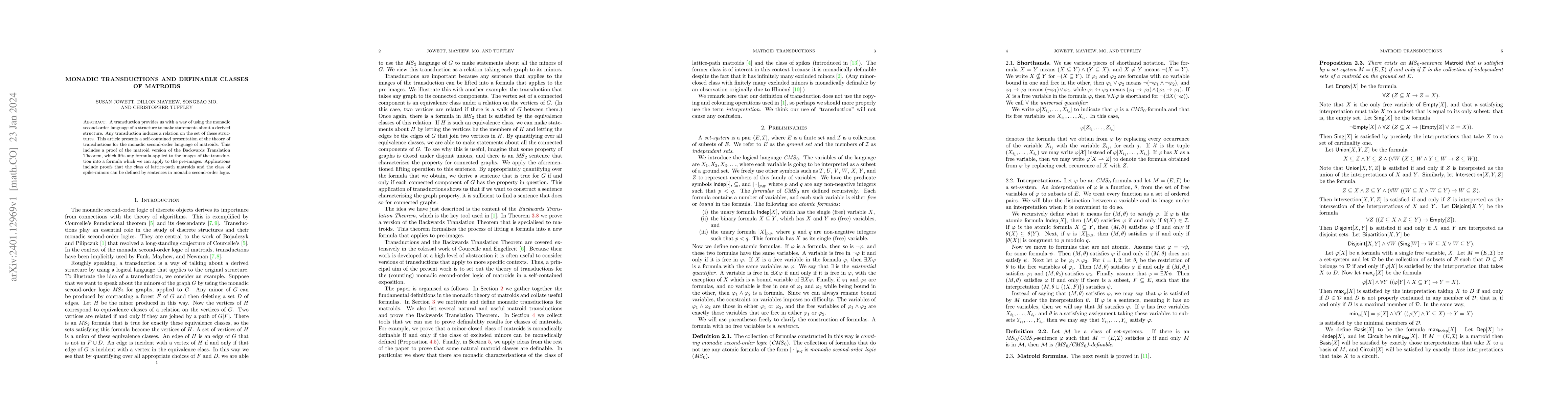 Thumbnail for Monadic transductions and definable classes of matroids