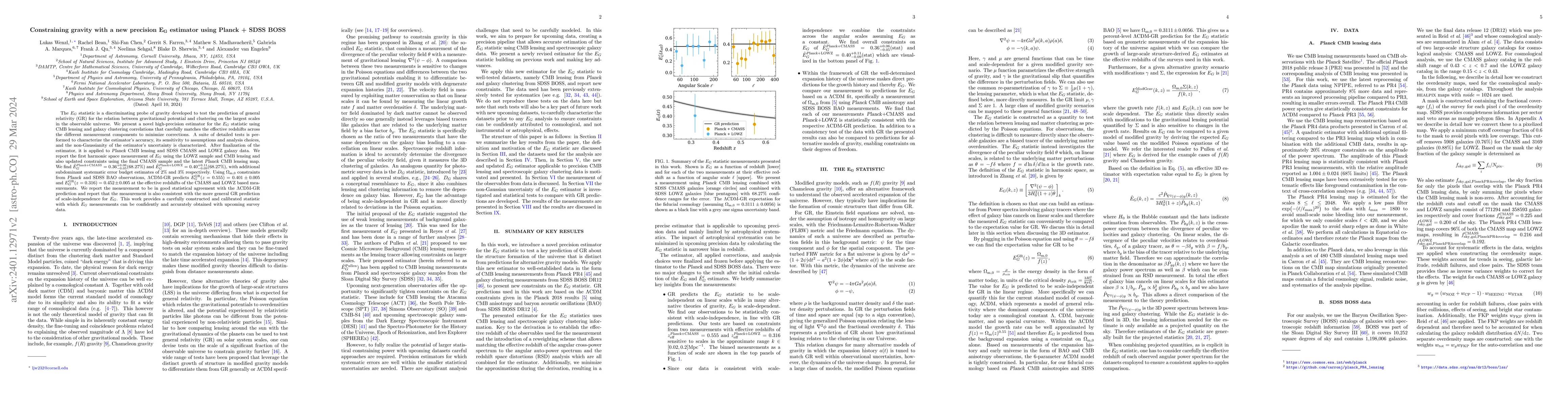 Thumbnail for Constraining gravity with a new precision $E_G$ estimator using Planck +
  SDSS BOSS