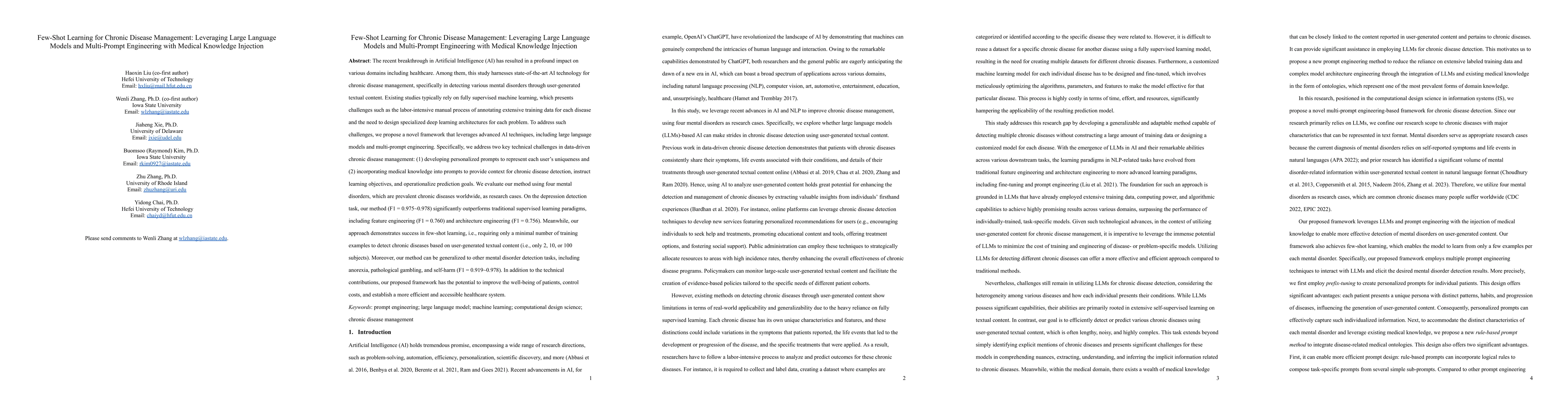 Thumbnail for Few-Shot Learning for Chronic Disease Management: Leveraging Large
  Language Models and Multi-Prompt Engineering with Medical Knowledge Injection