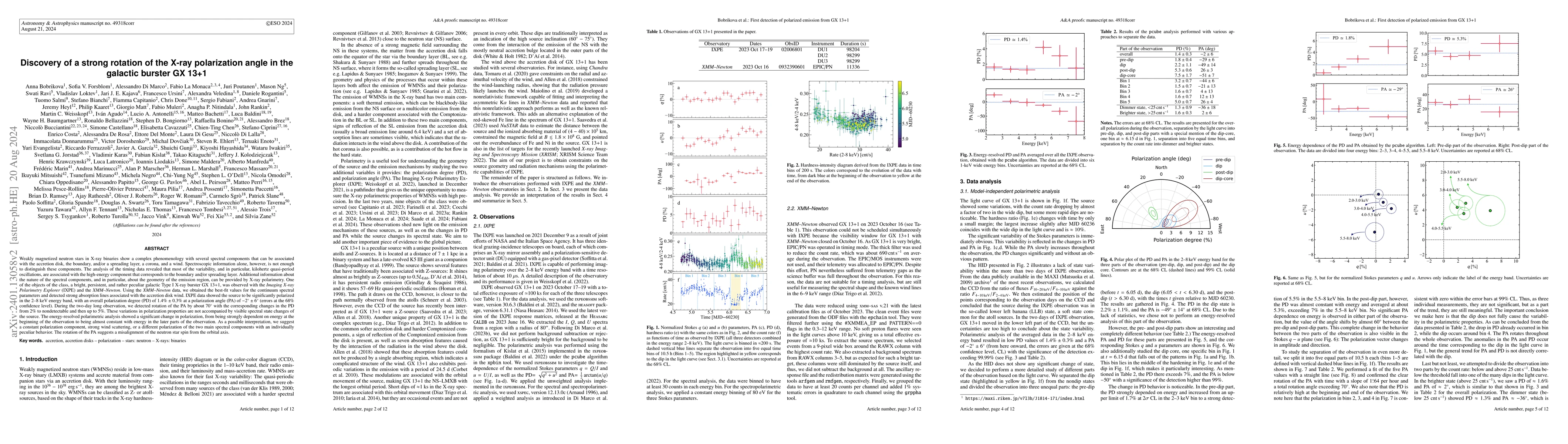 Thumbnail for Discovery of a strong rotation of the X-ray polarization angle in the
  galactic burster GX 13+1