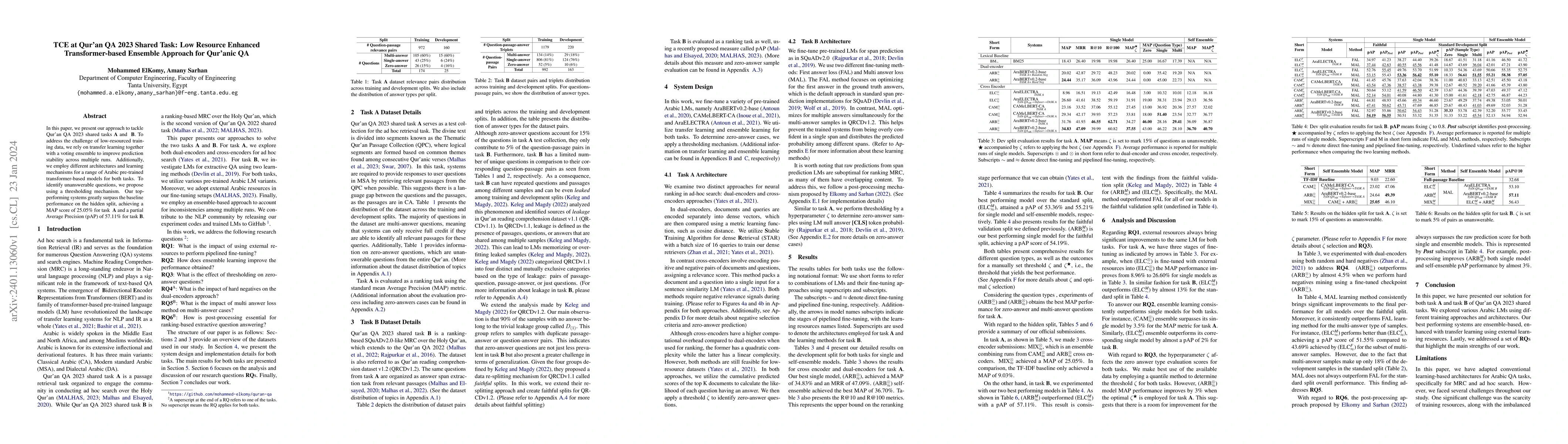 Thumbnail for TCE at Qur'an QA 2023 Shared Task: Low Resource Enhanced
  Transformer-based Ensemble Approach for Qur'anic QA
