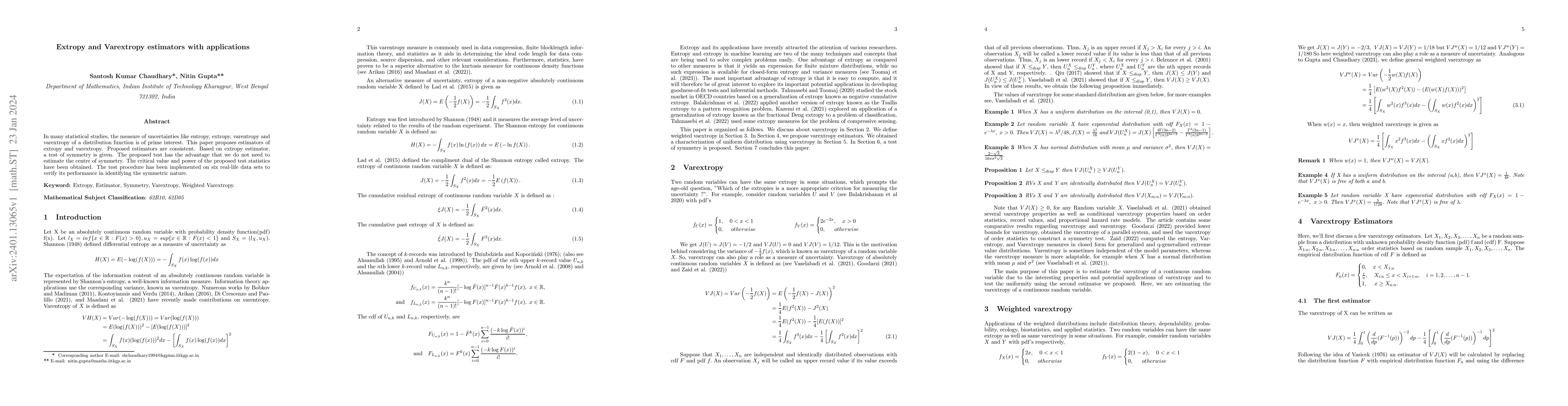 Thumbnail for Extropy and Varextropy estimators with applications