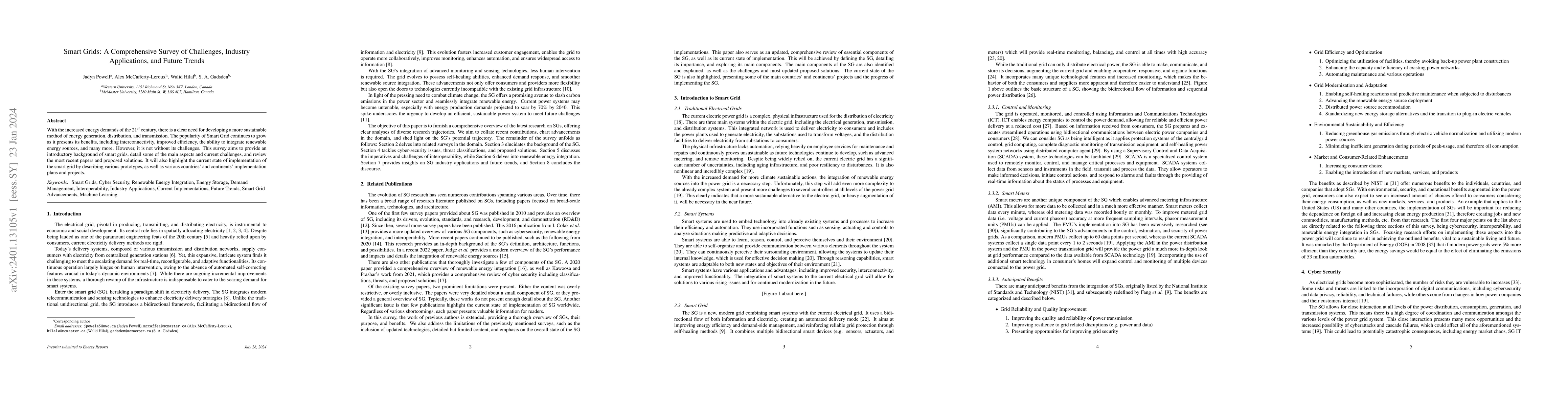 Thumbnail for Smart Grids: A Comprehensive Survey of Challenges, Industry
  Applications, and Future Trends