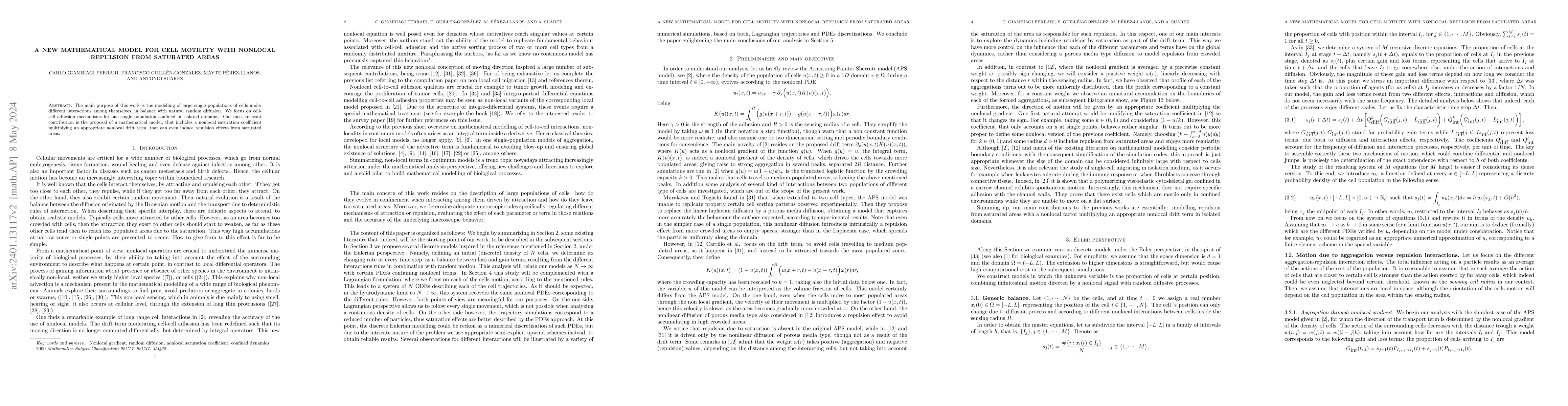 Thumbnail for A new mathematical model for cell motility with nonlocal repulsion from
  saturated areas