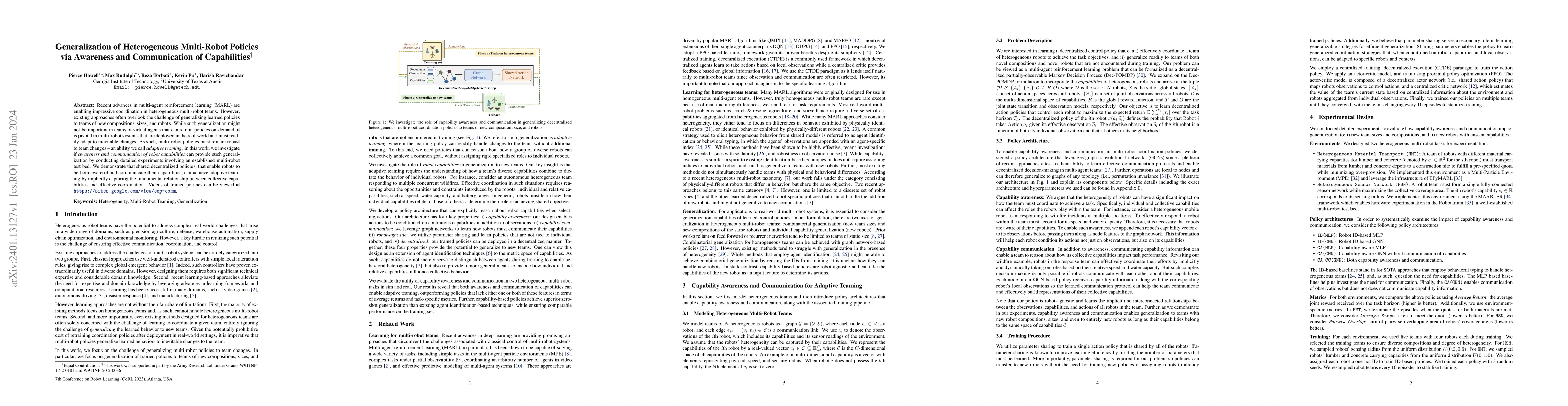 Thumbnail for Generalization of Heterogeneous Multi-Robot Policies via Awareness and
  Communication of Capabilities