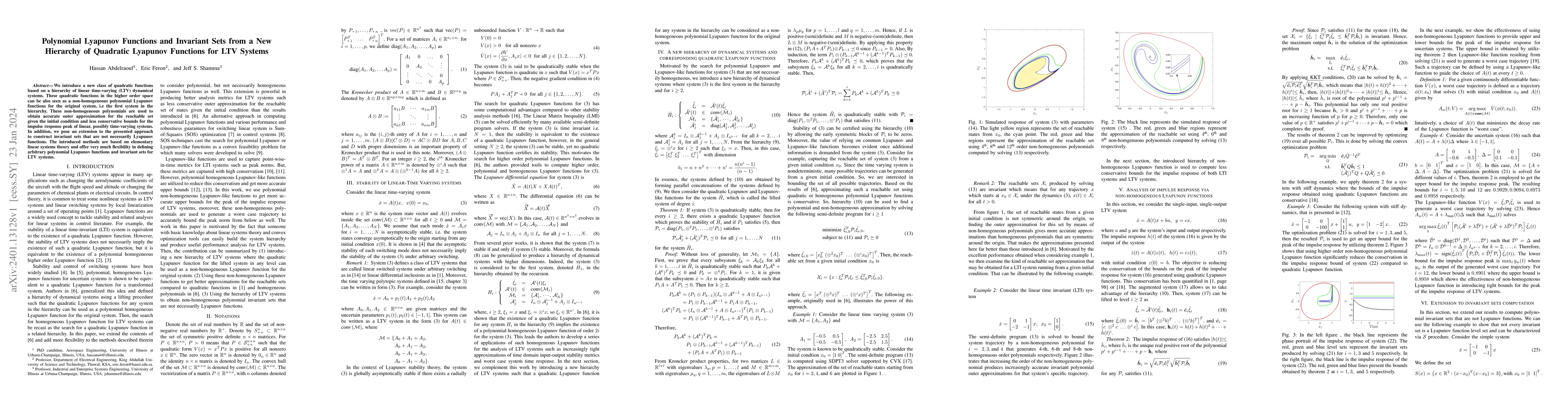 Thumbnail for Polynomial Lyapunov Functions and Invariant Sets from a New Hierarchy of
  Quadratic Lyapunov Functions for LTV Systems