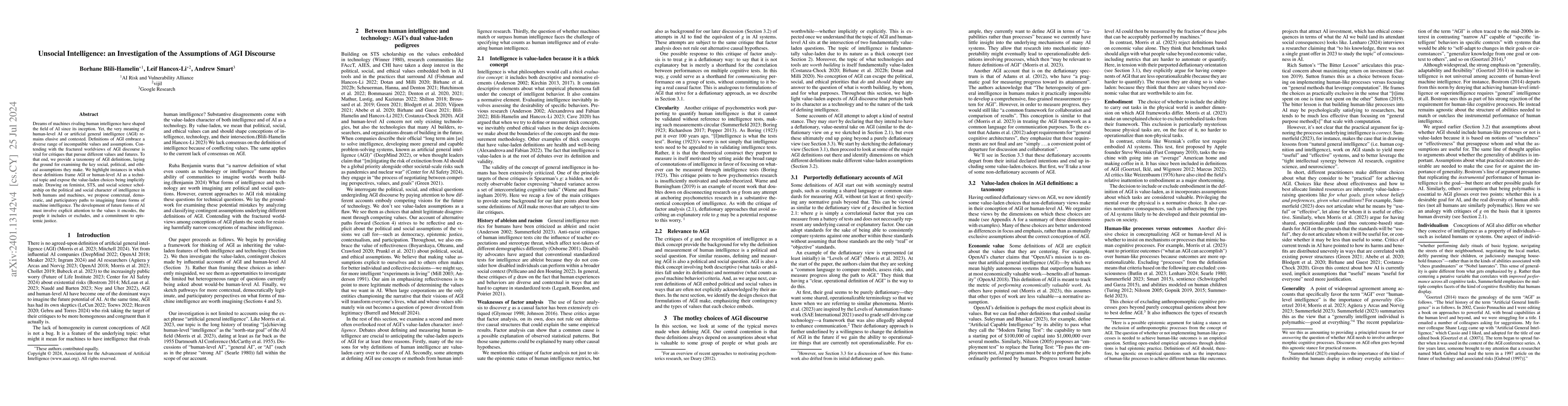 Thumbnail for Unsocial Intelligence: an Investigation of the Assumptions of AGI
  Discourse