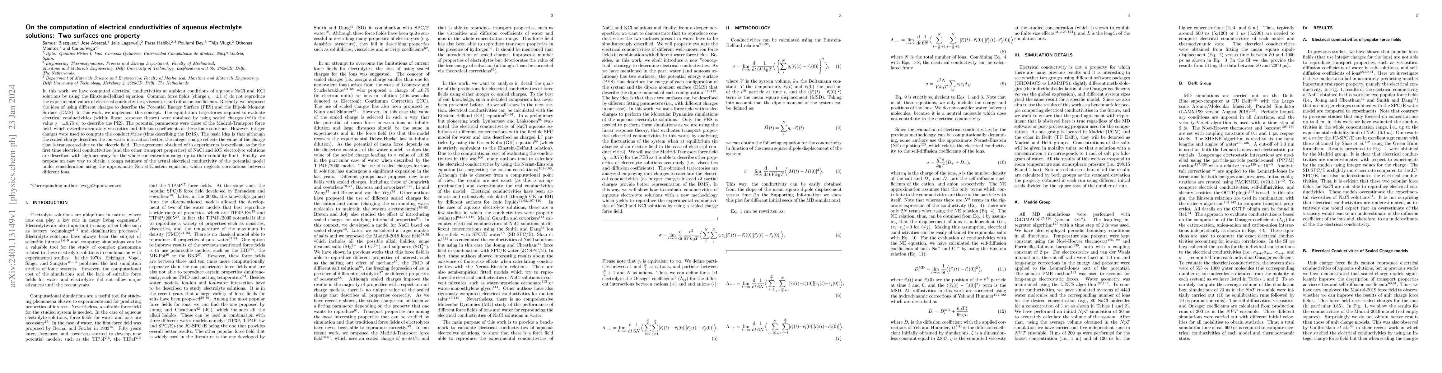 Thumbnail for Computation of Electrical Conductivities of Aqueous Electrolyte
  Solutions: Two Surfaces , One Property