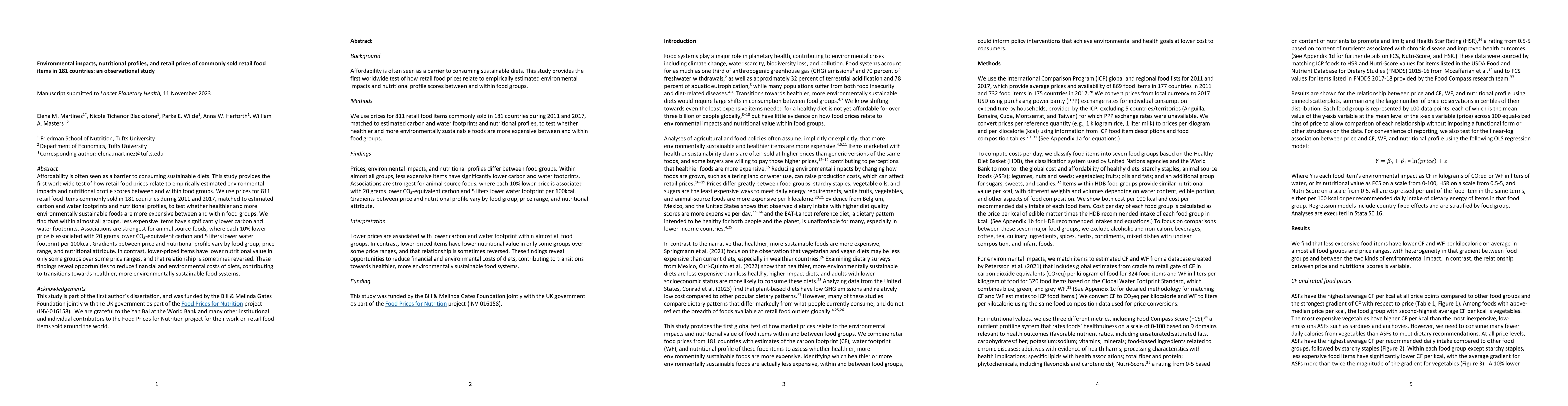 Thumbnail for Environmental impacts, nutritional profiles, and retail prices of
  commonly sold retail food items in 181 countries: an observational study