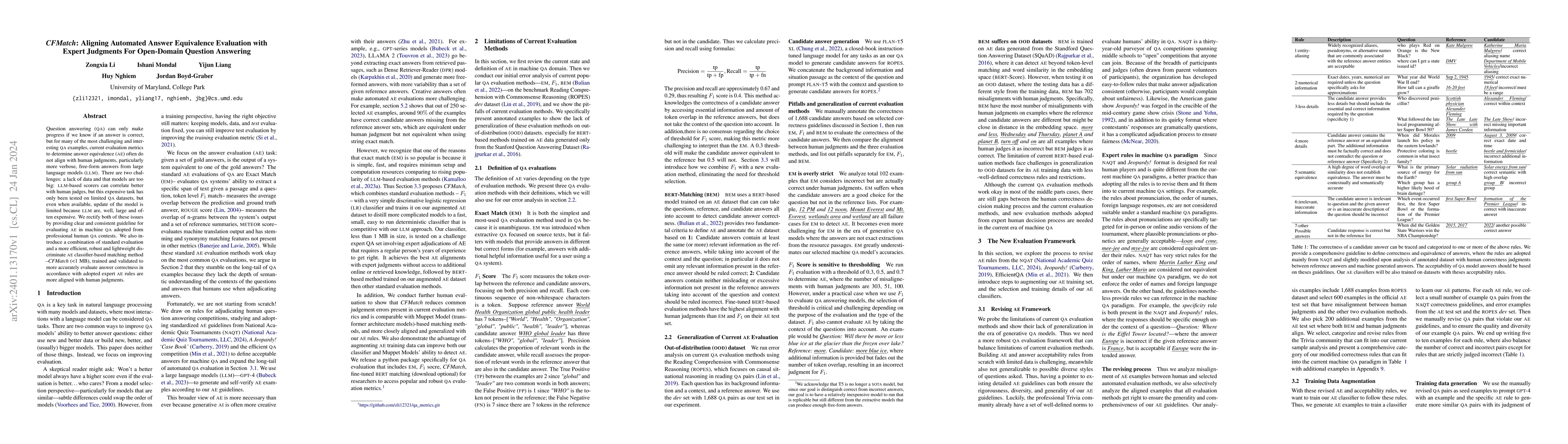 Thumbnail for CFMatch: Aligning Automated Answer Equivalence Evaluation with Expert
  Judgments For Open-Domain Question Answering