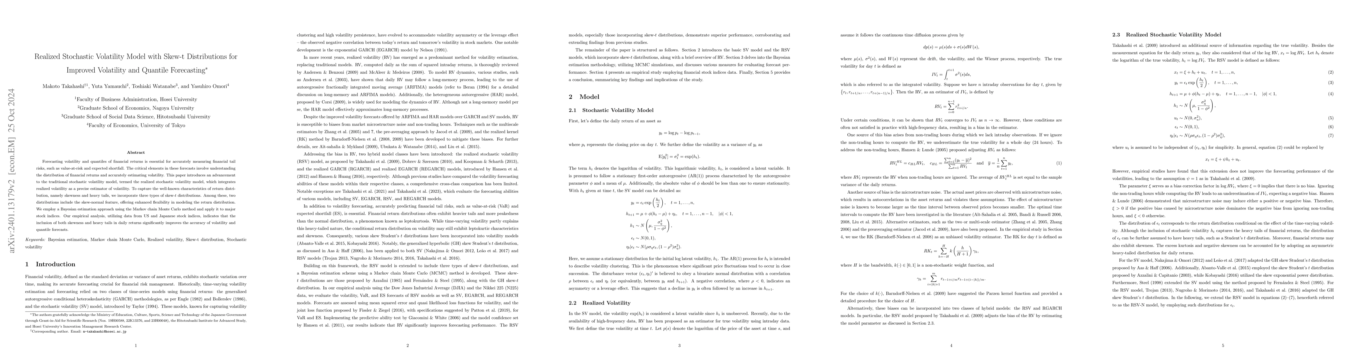 Thumbnail for Realized Stochastic Volatility Model with Skew-t Distributions for
  Improved Volatility and Quantile Forecasting