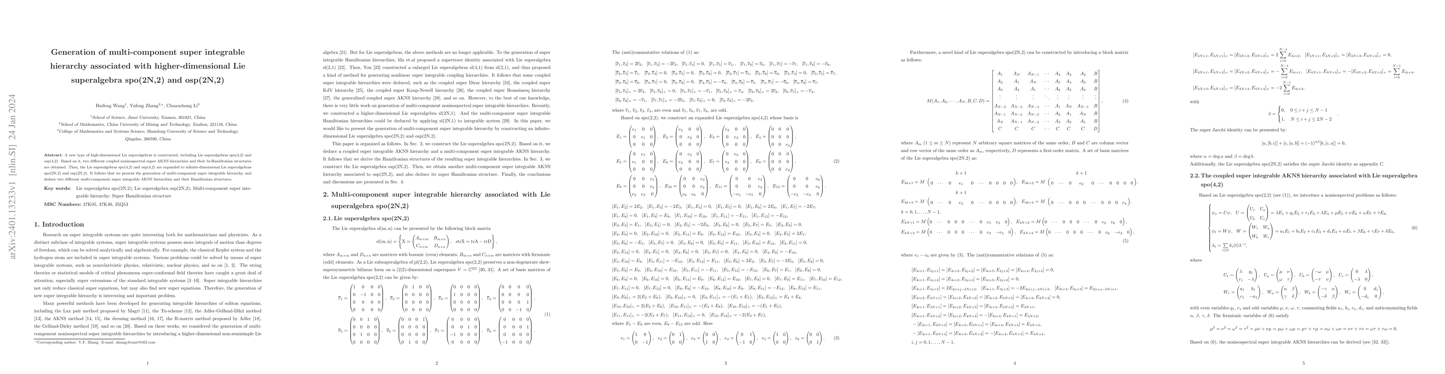 Thumbnail for Generation of multi-component super integrable hierarchy associated with
  higher-dimensional Lie superalgebra spo(2N,2) and osp(2N,2)