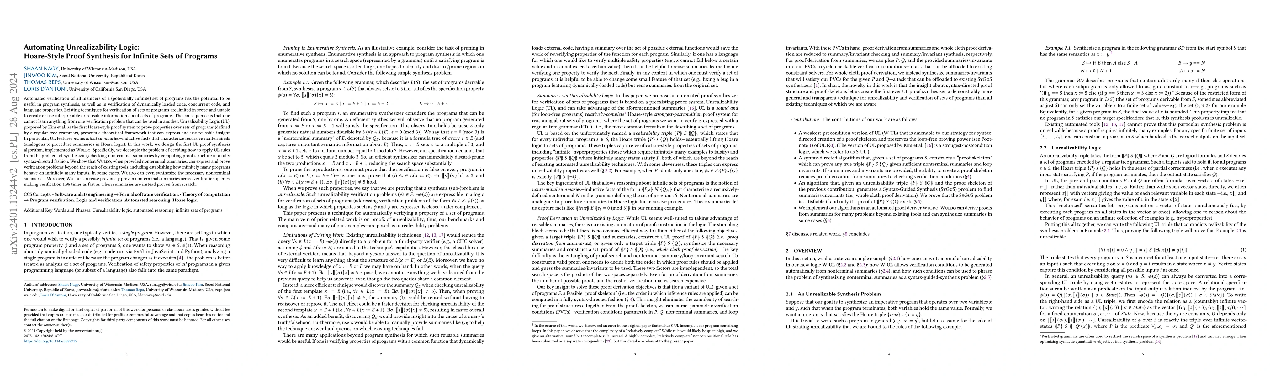 Thumbnail for Automating Unrealizability Logic: Hoare-style Proof Synthesis for
  Infinite Sets of Programs