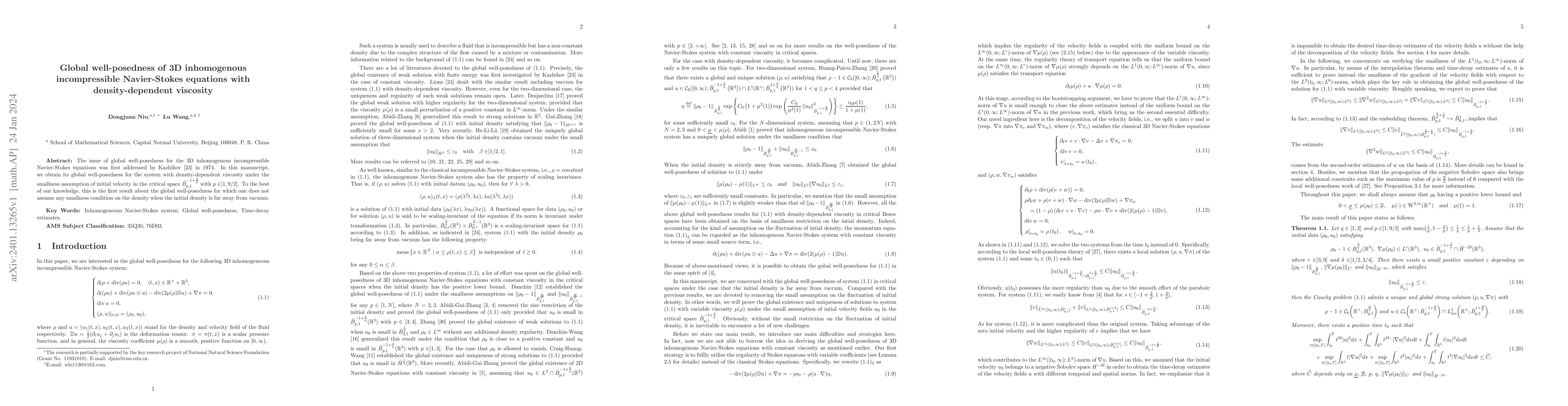 Thumbnail for Global well-posedness of 3D inhomogenous incompressible Navier-Stokes
  equations with density-dependent viscosity