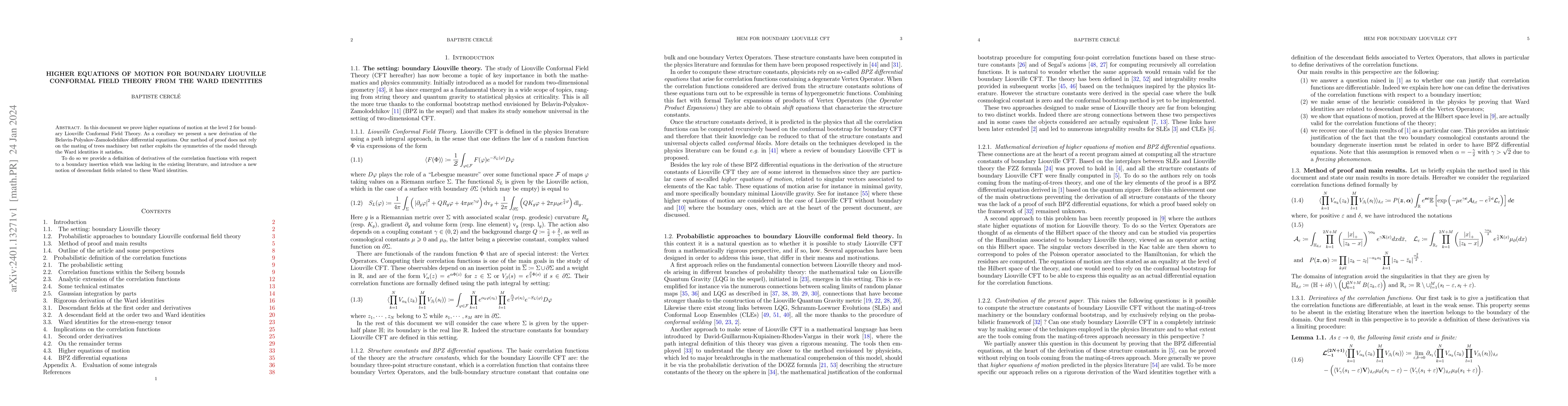 Thumbnail for Higher equations of motion for boundary Liouville Conformal Field Theory
  from the Ward identities