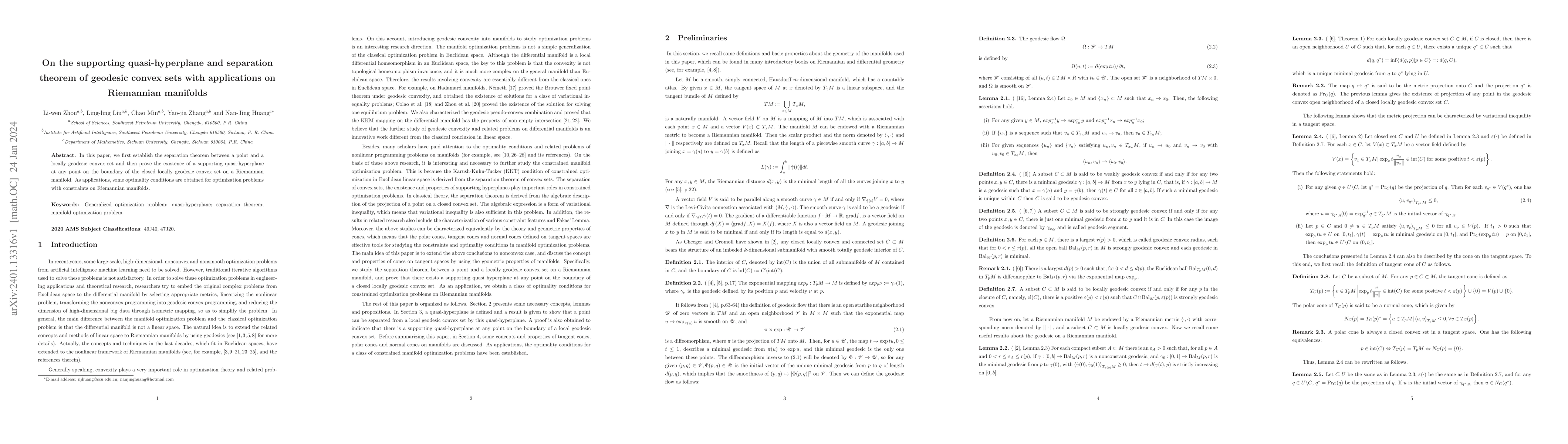 Thumbnail for On the supporting quasi-hyperplane and separation theorem of geodesic
  convex sets with applications on Riemannian manifolds