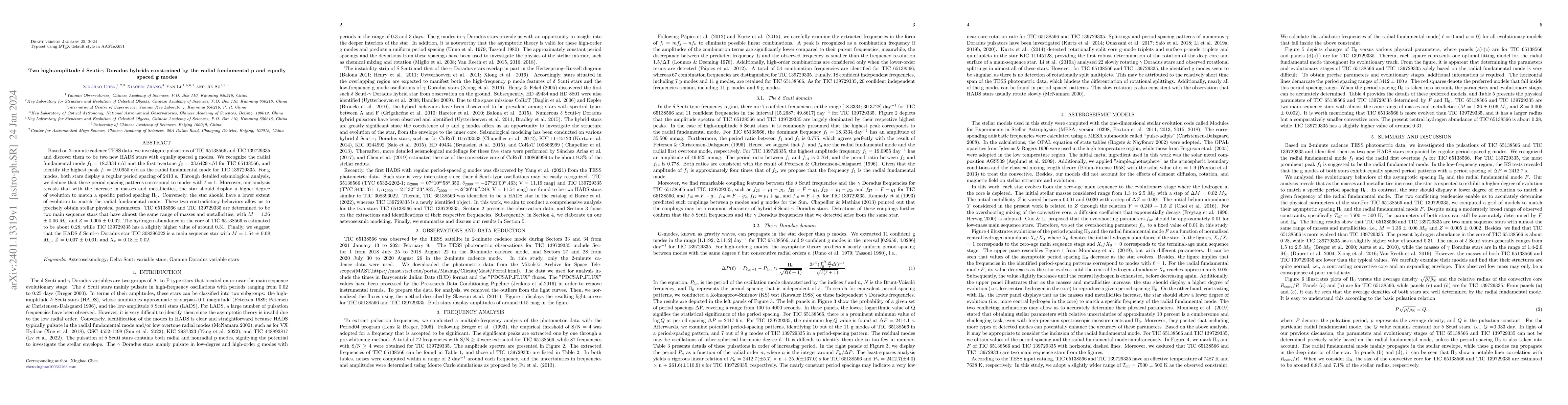 Thumbnail for Two high-amplitude $\delta$ Scuti-$\gamma$ Doradus hybrids constrained
  by the radial fundamental p and equally spaced g modes