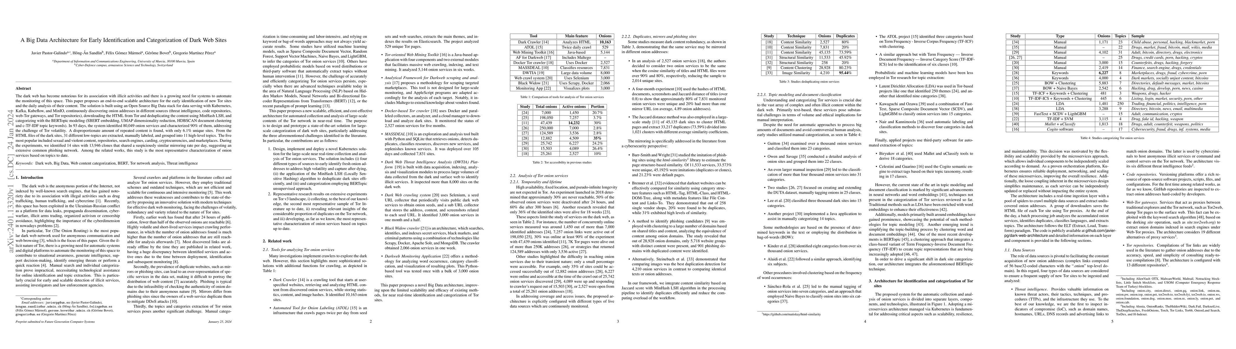 Thumbnail for A Big Data Architecture for Early Identification and Categorization of
  Dark Web Sites