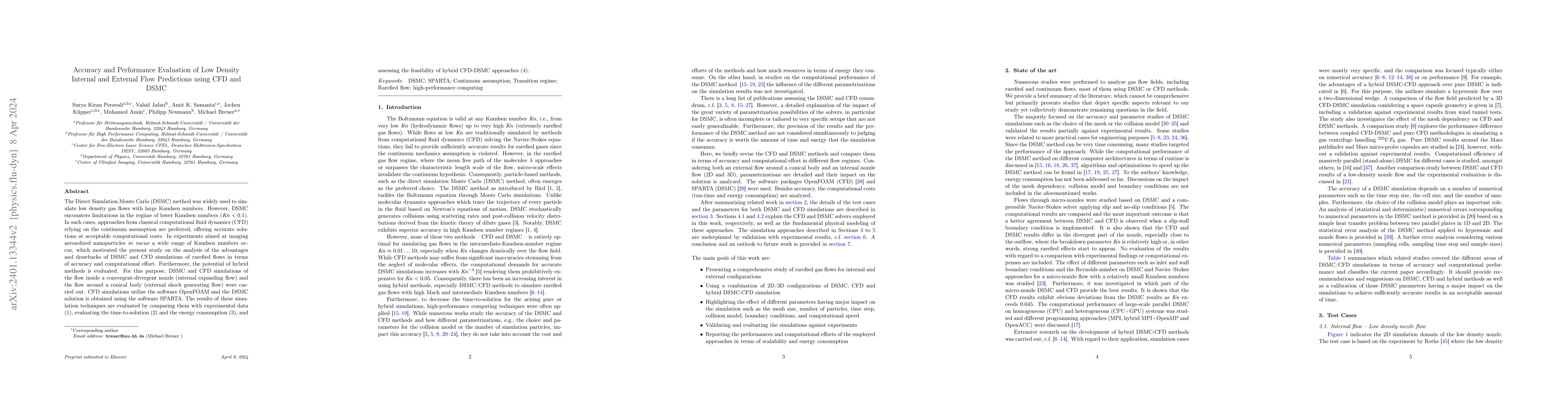 Thumbnail for Accuracy and Performance Evaluation of Low Density Internal and External
  Flow Predictions using CFD and DSMC