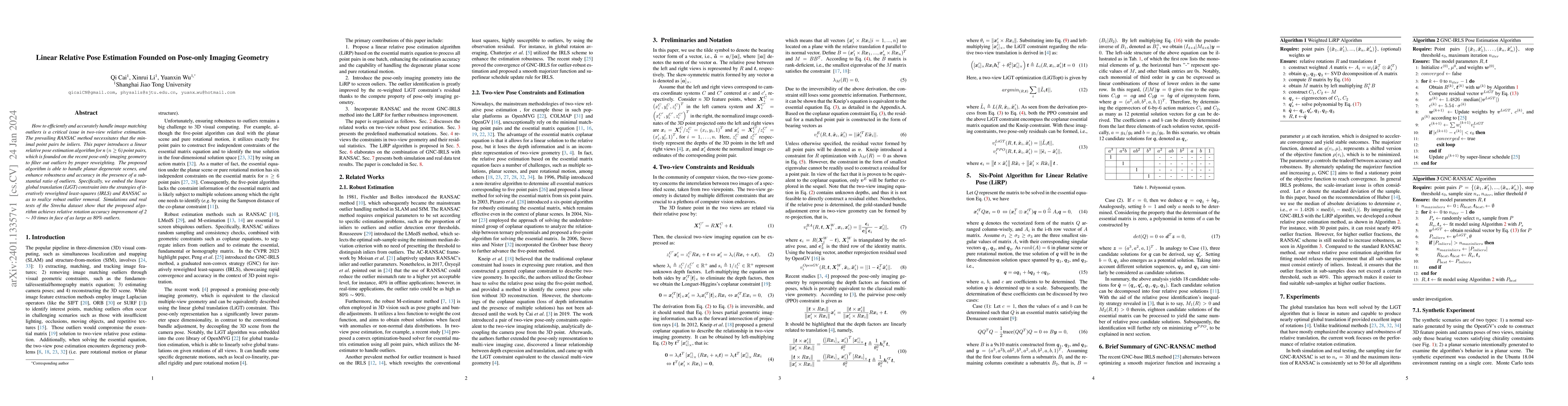 Thumbnail for Linear Relative Pose Estimation Founded on Pose-only Imaging Geometry
